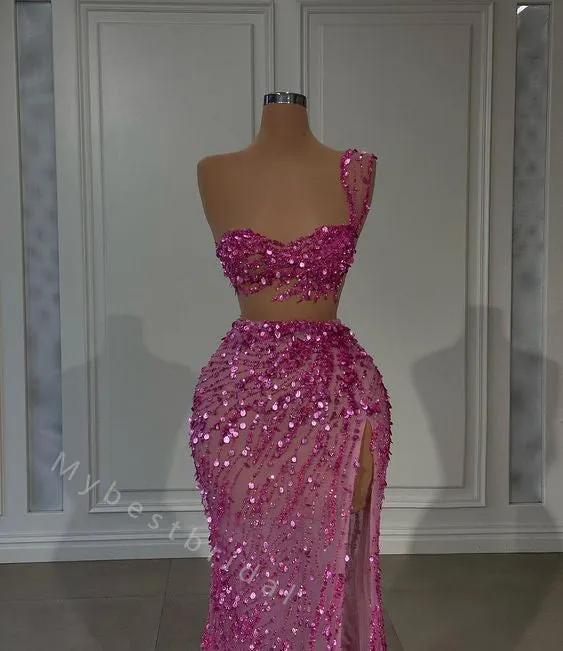 Sexy One shoulder Side slit Two pieces Mermaid Long Floor Length Prom Dress,PDS11464