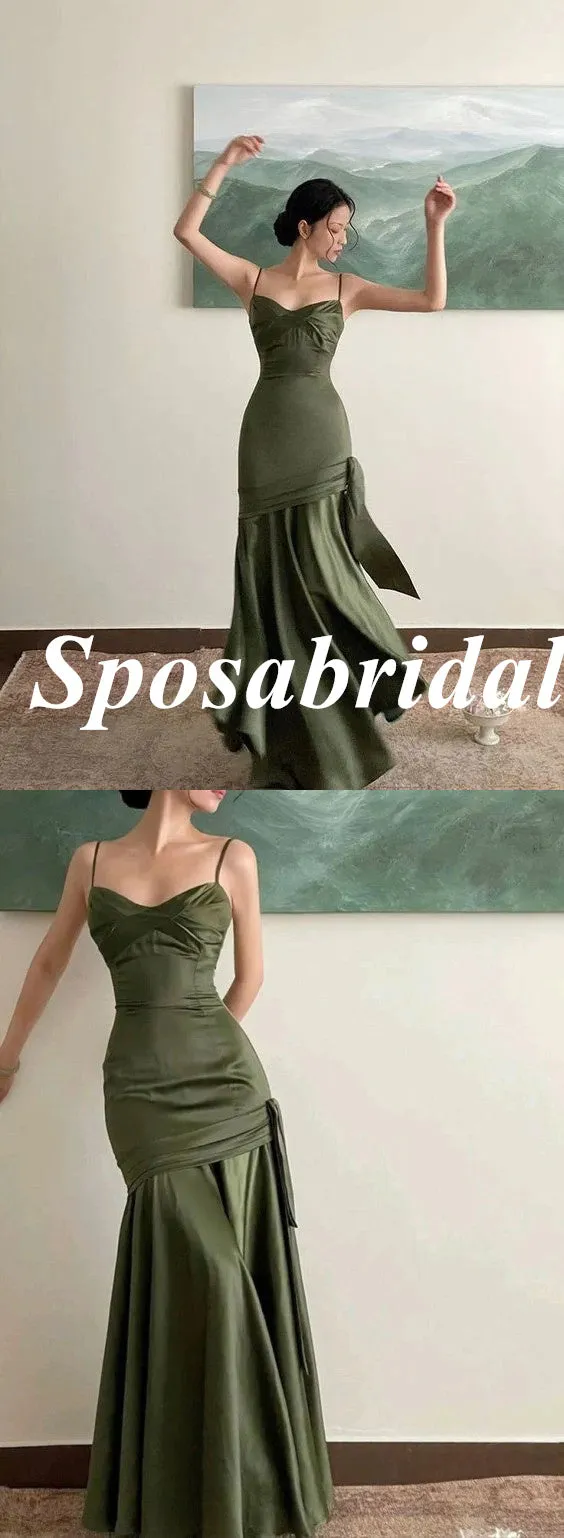 Sexy Satin Spaghetti Straps Sleeveless Mermaid Long Prom Dresses With Bow Tie, PD3906