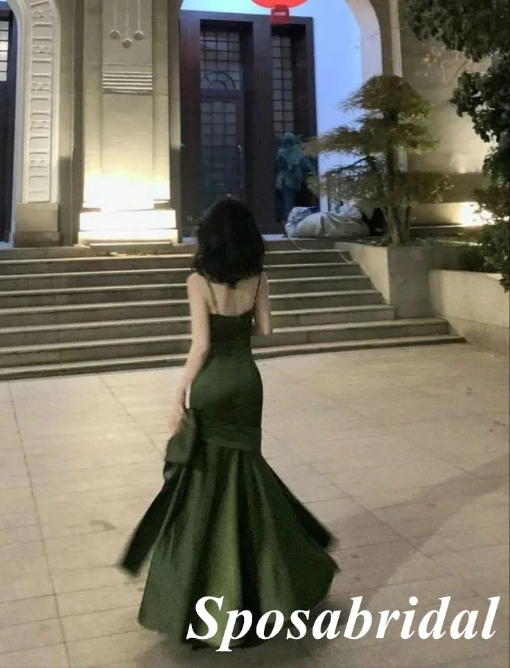 Sexy Satin Spaghetti Straps Sleeveless Mermaid Long Prom Dresses With Bow Tie, PD3906