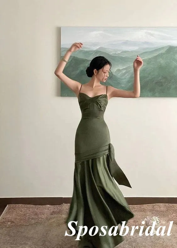 Sexy Satin Spaghetti Straps Sleeveless Mermaid Long Prom Dresses With Bow Tie, PD3906