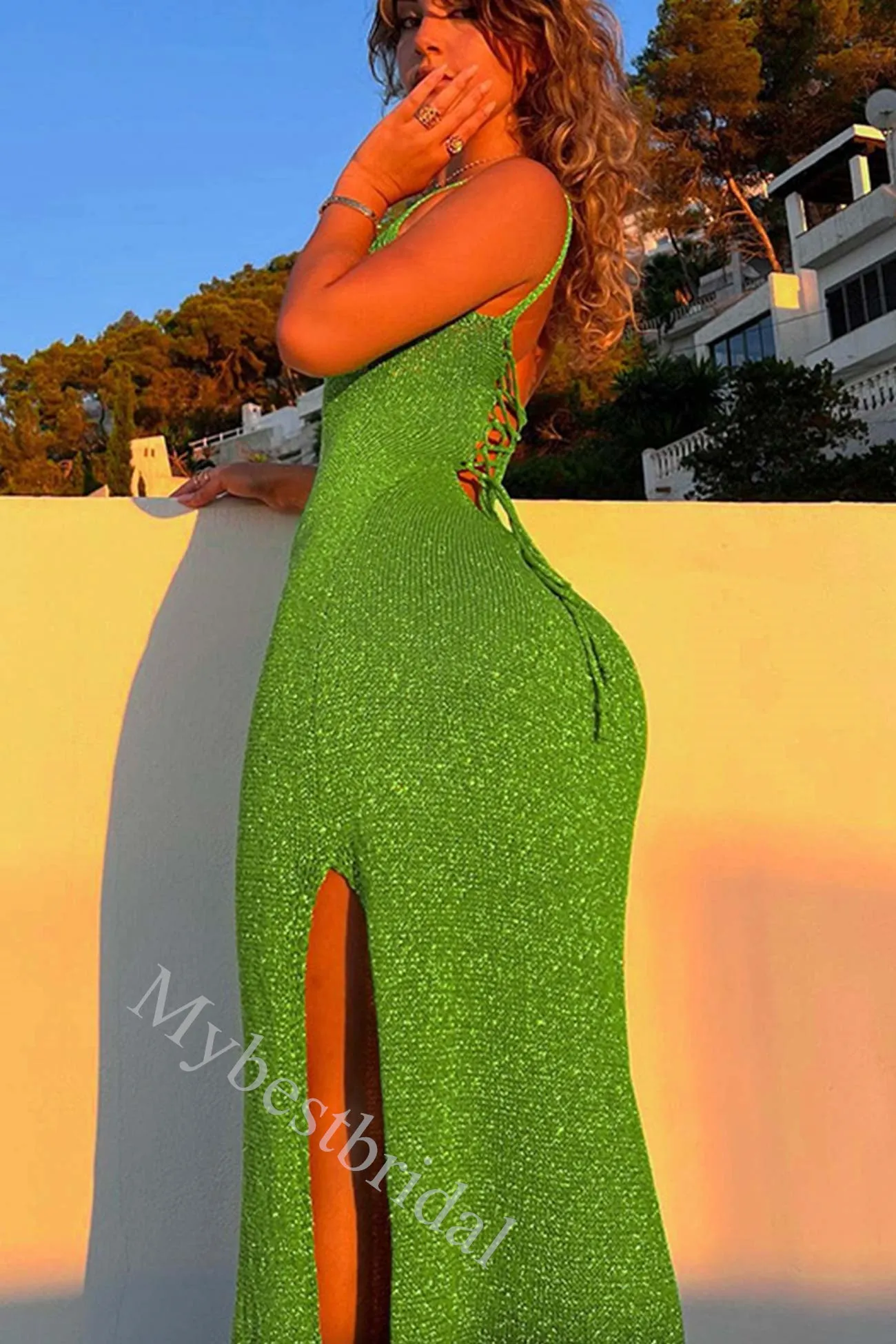 Sexy Sequare Sleeveless Side Slit Sheath Long Prom Dress,PDS11556