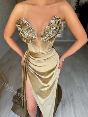 Sexy V-neck Sleeveless Side Slit Mermaid Floor Length Prom Dress,PDS11595