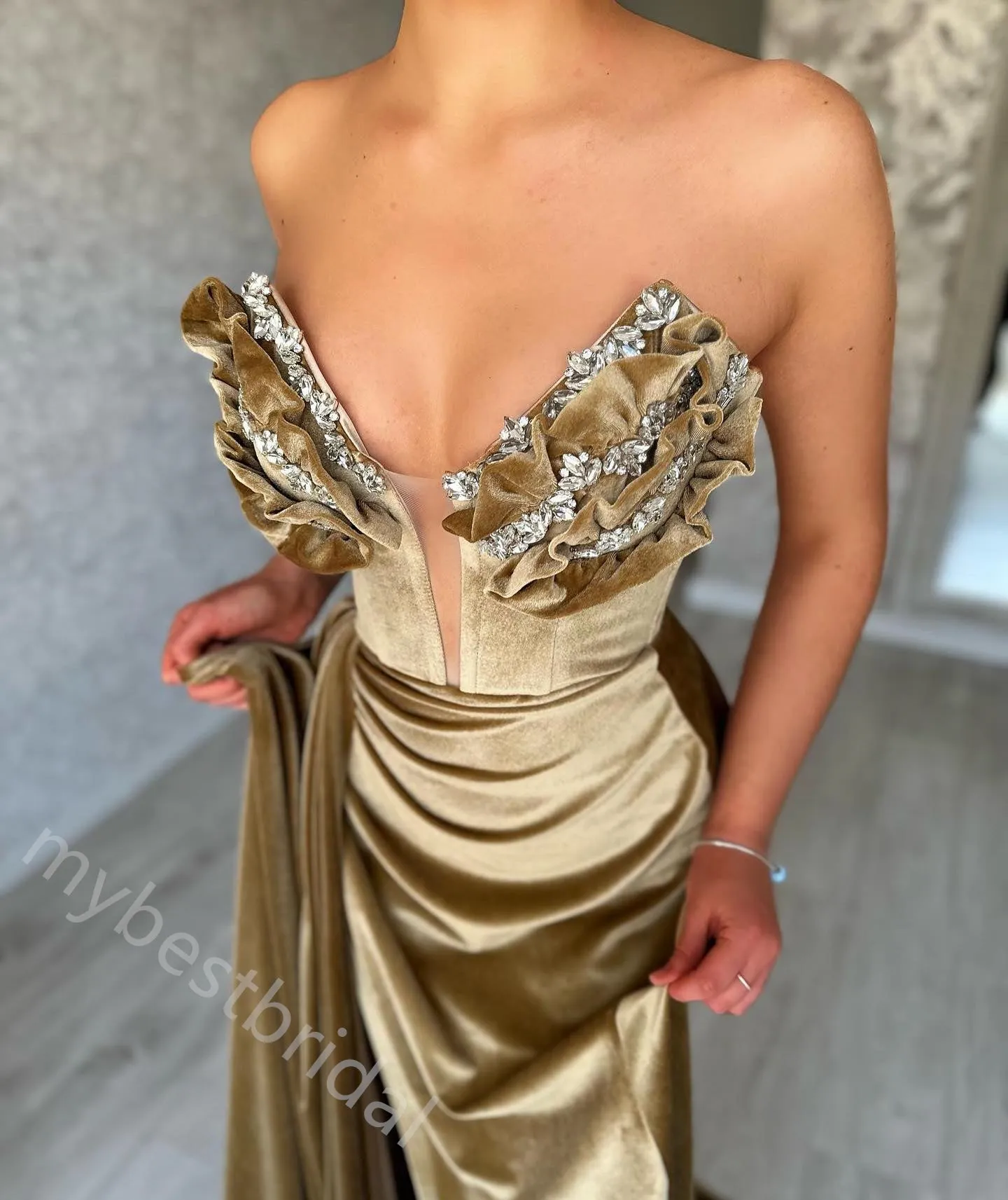 Sexy V-neck Sleeveless Side Slit Mermaid Floor Length Prom Dress,PDS11595