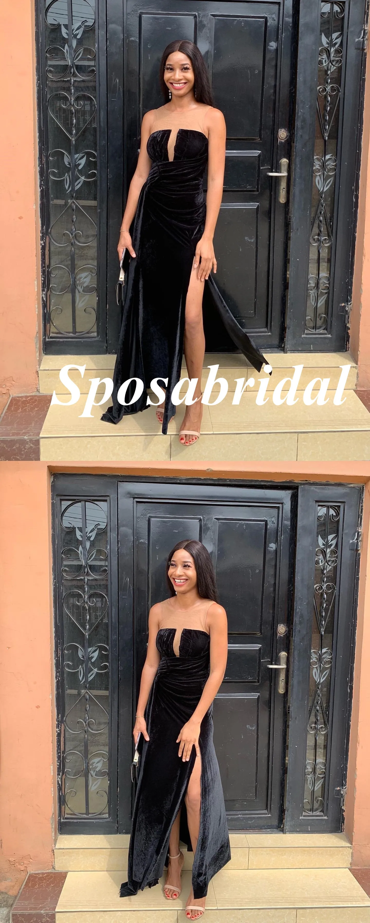 Sexy Velvet Sweetheart Sleeveless Side Slit Mermaid Long Prom Dresses, PD3923