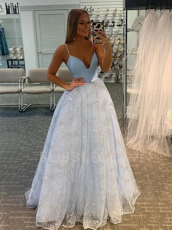 Sparkly A-Line Backless Blue Long Evening Prom Dresses, MR7288