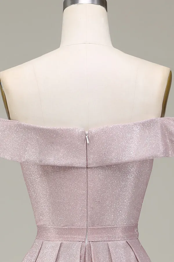 Sparkly Gradient Grey Pink A Line Off The Shoulder Pleated Prom Dress APP0898