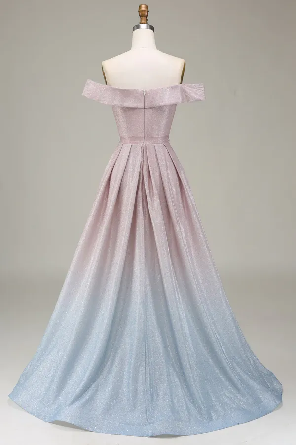 Sparkly Gradient Grey Pink A Line Off The Shoulder Pleated Prom Dress APP0898