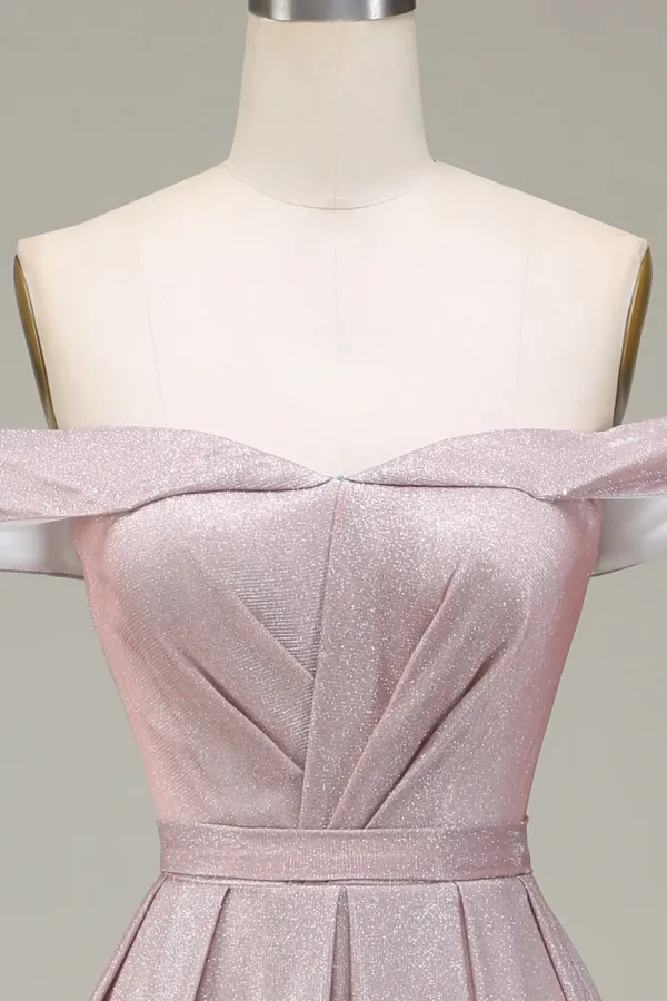 Sparkly Gradient Grey Pink A Line Off The Shoulder Pleated Prom Dress APP0898