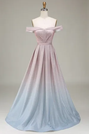 Sparkly Gradient Grey Pink A Line Off The Shoulder Pleated Prom Dress APP0898
