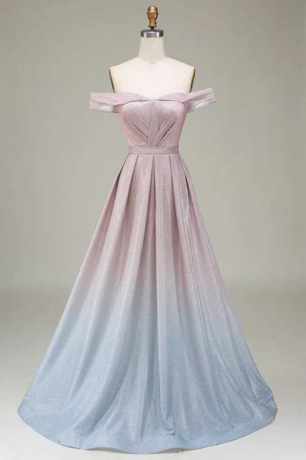 Sparkly Gradient Grey Pink A Line Off The Shoulder Pleated Prom Dress APP0898