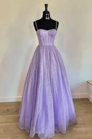 Sparkly Lilac A Line Prom Dresses Spaghetti Straps Sequin Evening Dress TP1116