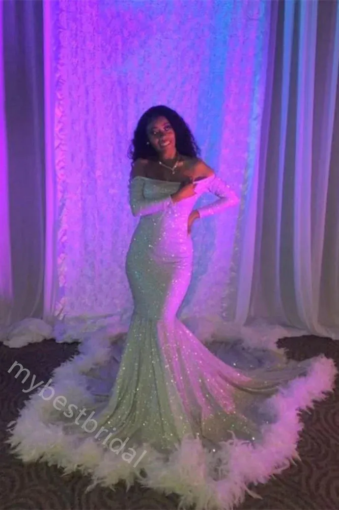 Sparkly Off Shoulder Sleeveless Side Slit Mermaid Floor Length Prom Dress,PDS11598