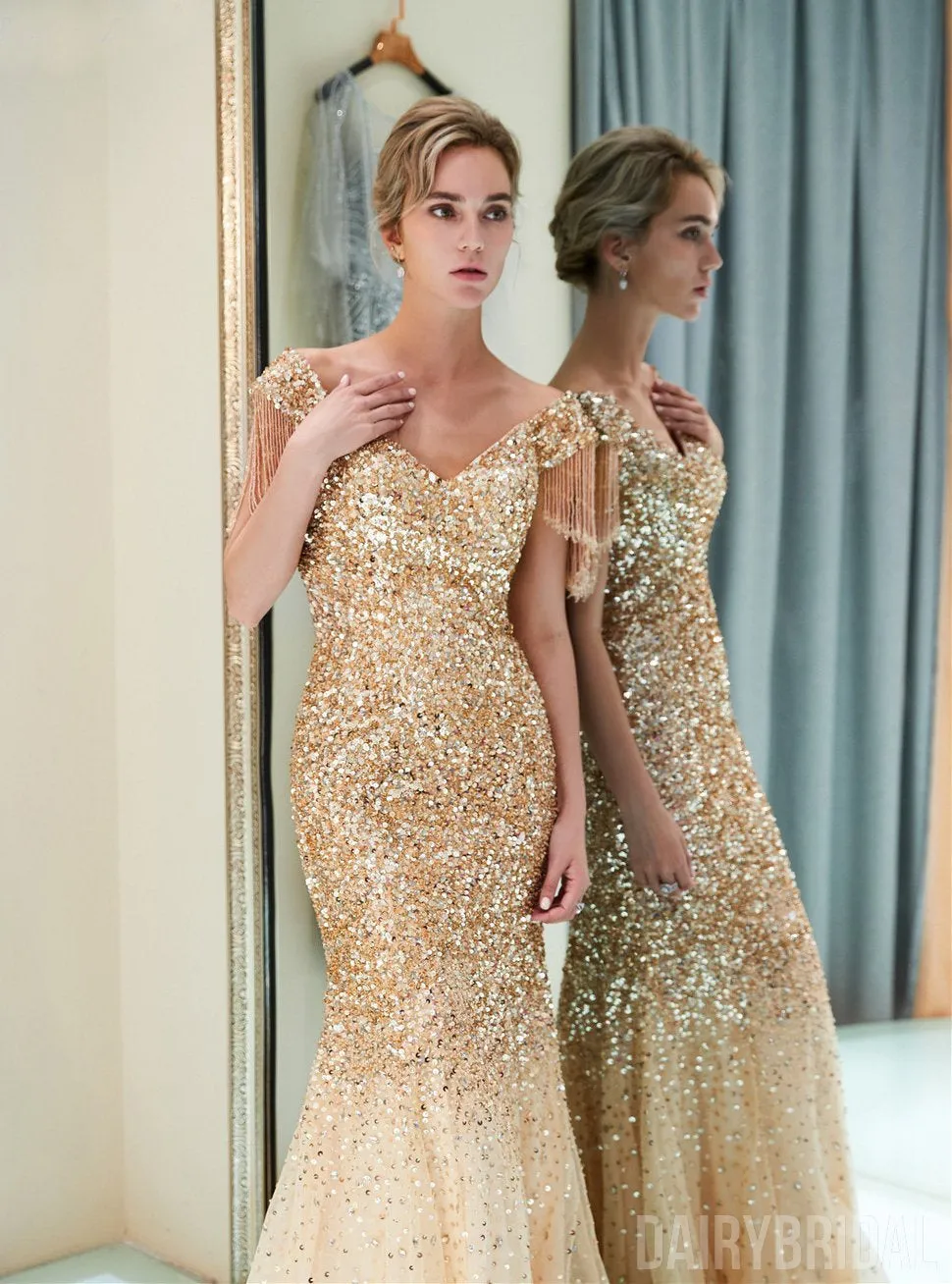 Sparkly Sequin Cap Sleeve Tulle Mermaid Backless Beaded Prom Dress, FC1777