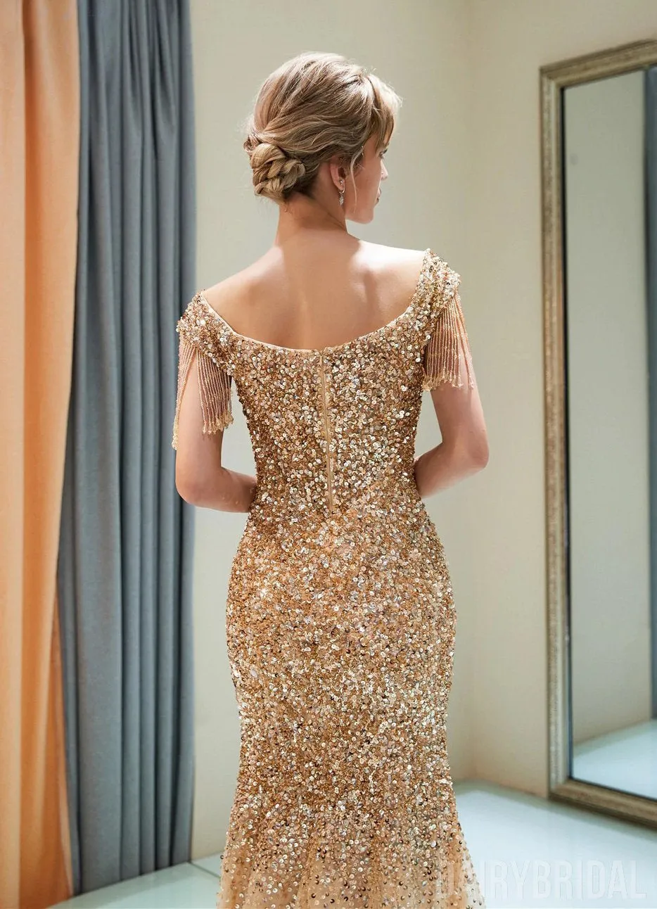 Sparkly Sequin Cap Sleeve Tulle Mermaid Backless Beaded Prom Dress, FC1777