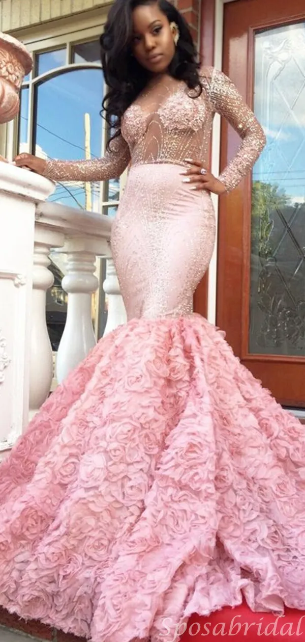 Sparkly Sequin Illusion Top Pink Mermaid Rose Trailing Prom Dress, PD3101