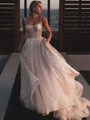 Sparkly Spaghetti Straps A-line Tulle Long Cheap Wedding Dresses, WDS0018