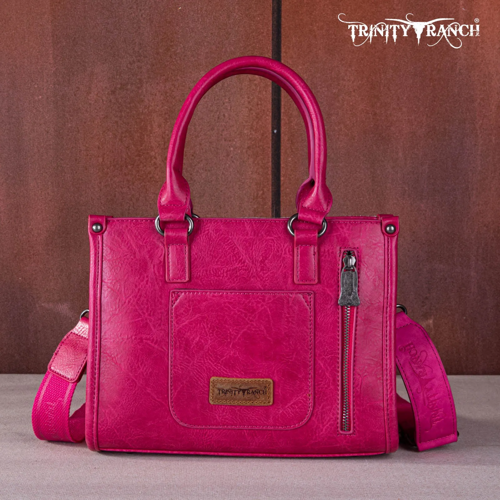 TR164-8250A  Trinity Ranch Hair On Cowhide Tooling Concealed Carry Tote/Crossbody