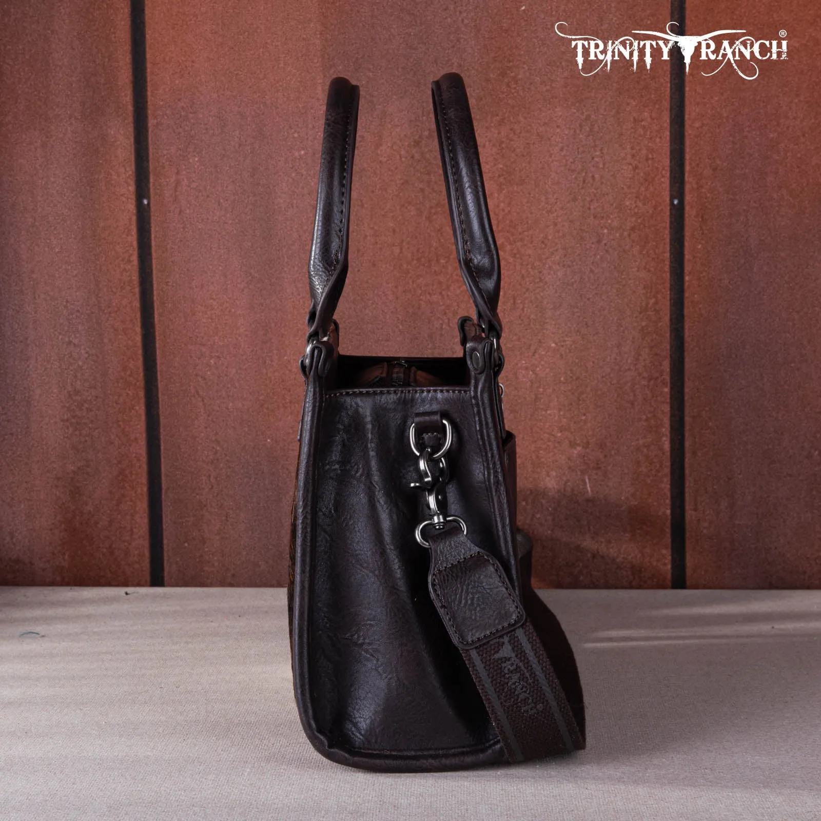 TR164-8250A  Trinity Ranch Hair On Cowhide Tooling Concealed Carry Tote/Crossbody