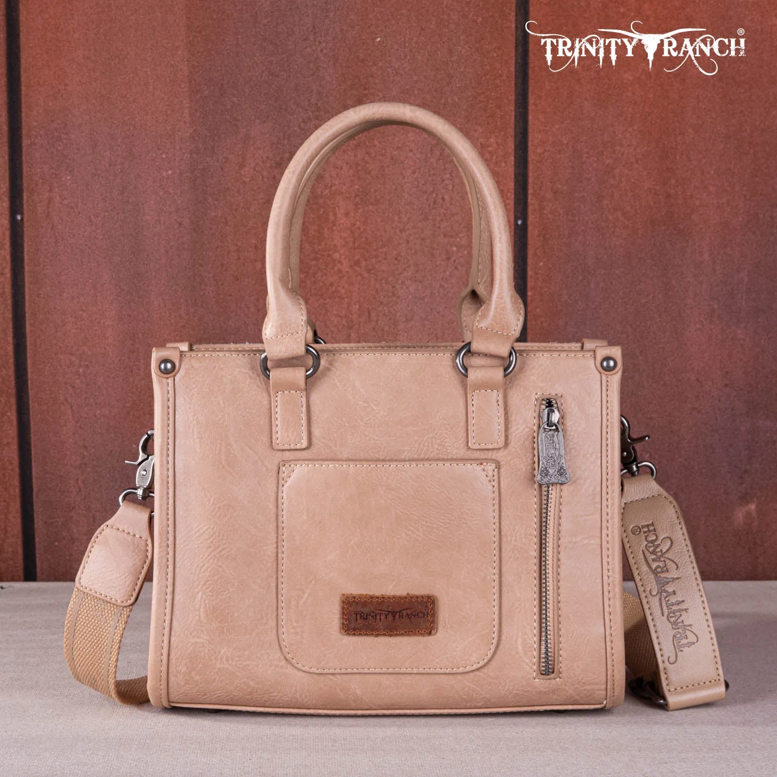 TR164-8250A  Trinity Ranch Hair On Cowhide Tooling Concealed Carry Tote/Crossbody