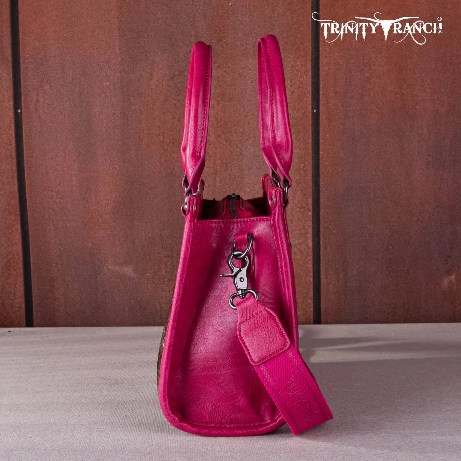 TR164-8250A  Trinity Ranch Hair On Cowhide Tooling Concealed Carry Tote/Crossbody