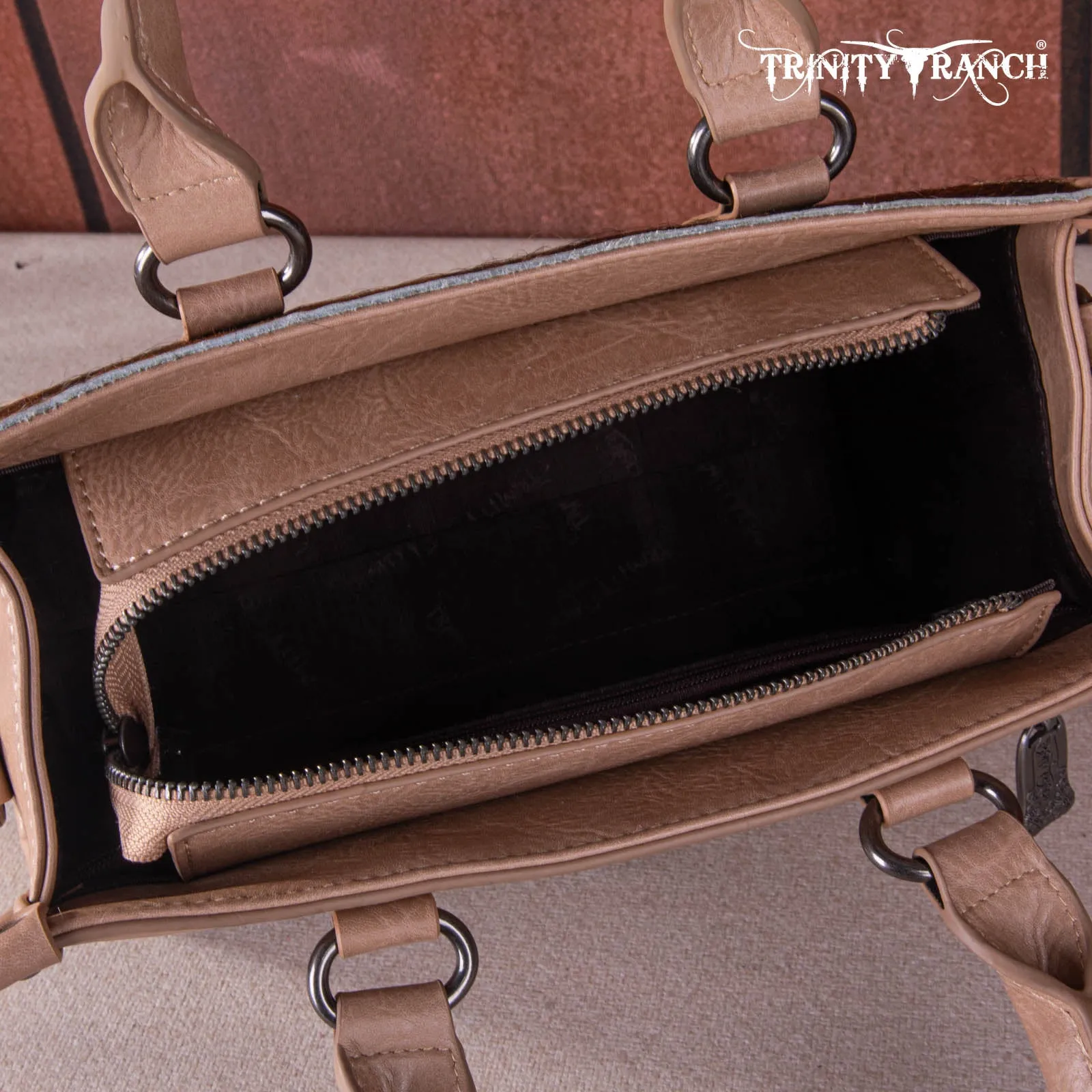 TR164-8250A  Trinity Ranch Hair On Cowhide Tooling Concealed Carry Tote/Crossbody