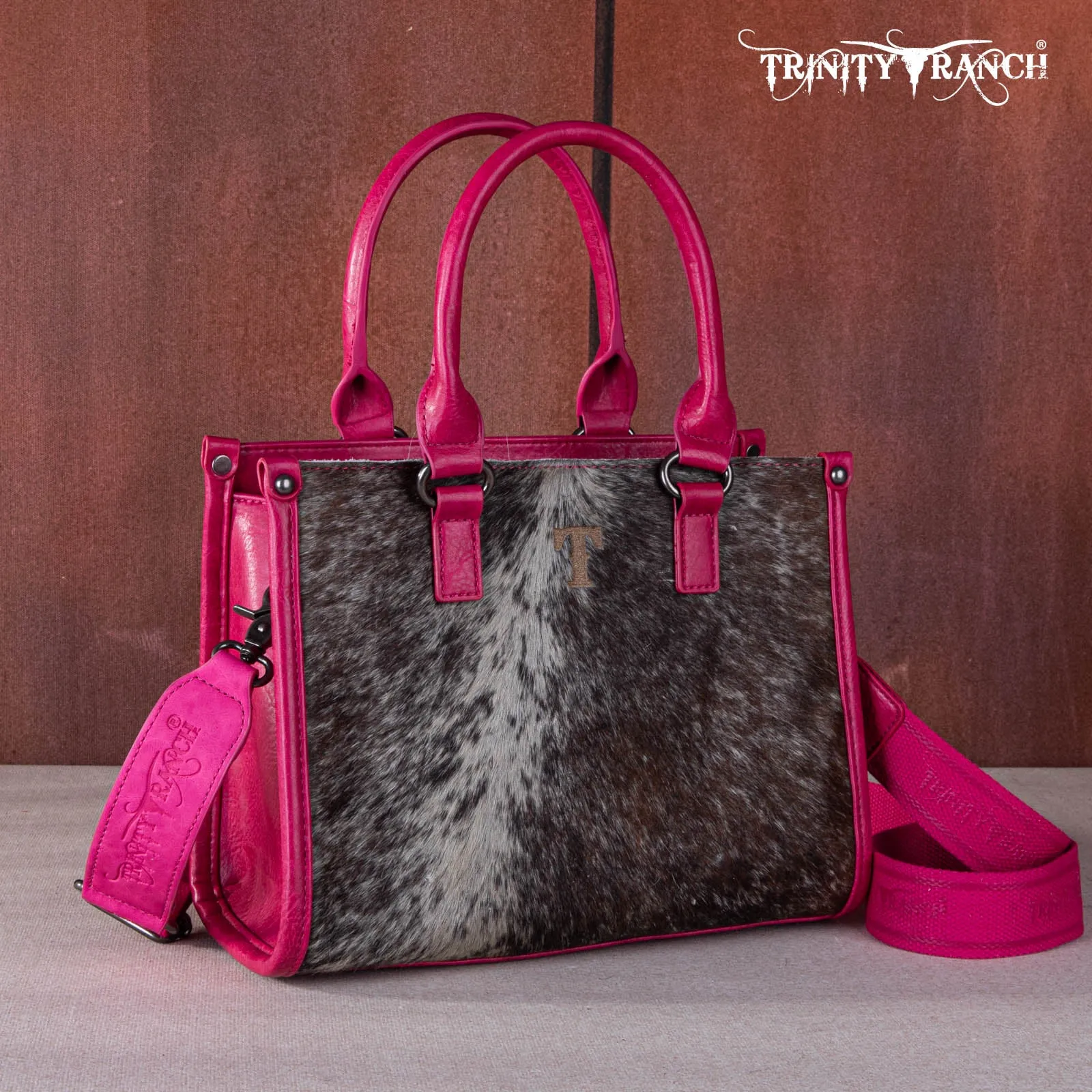 TR164-8250A  Trinity Ranch Hair On Cowhide Tooling Concealed Carry Tote/Crossbody
