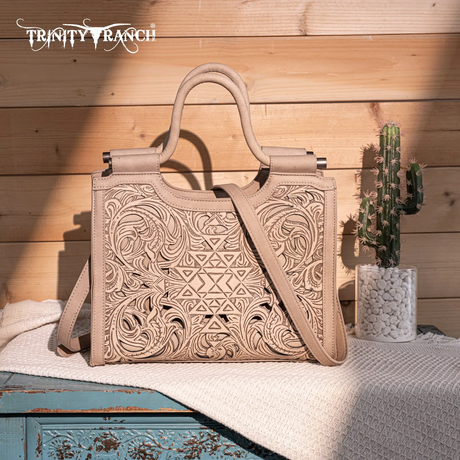 TR190G-8250  Trinity Ranch Floral Aztec Tooled Concealed Carry Tote/Crossbody