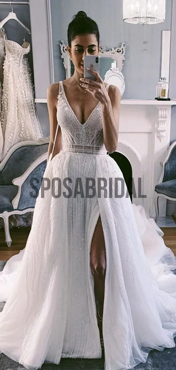 V-Neck Sparkly Sequin Vintage Long Wedding Dresses WD0532