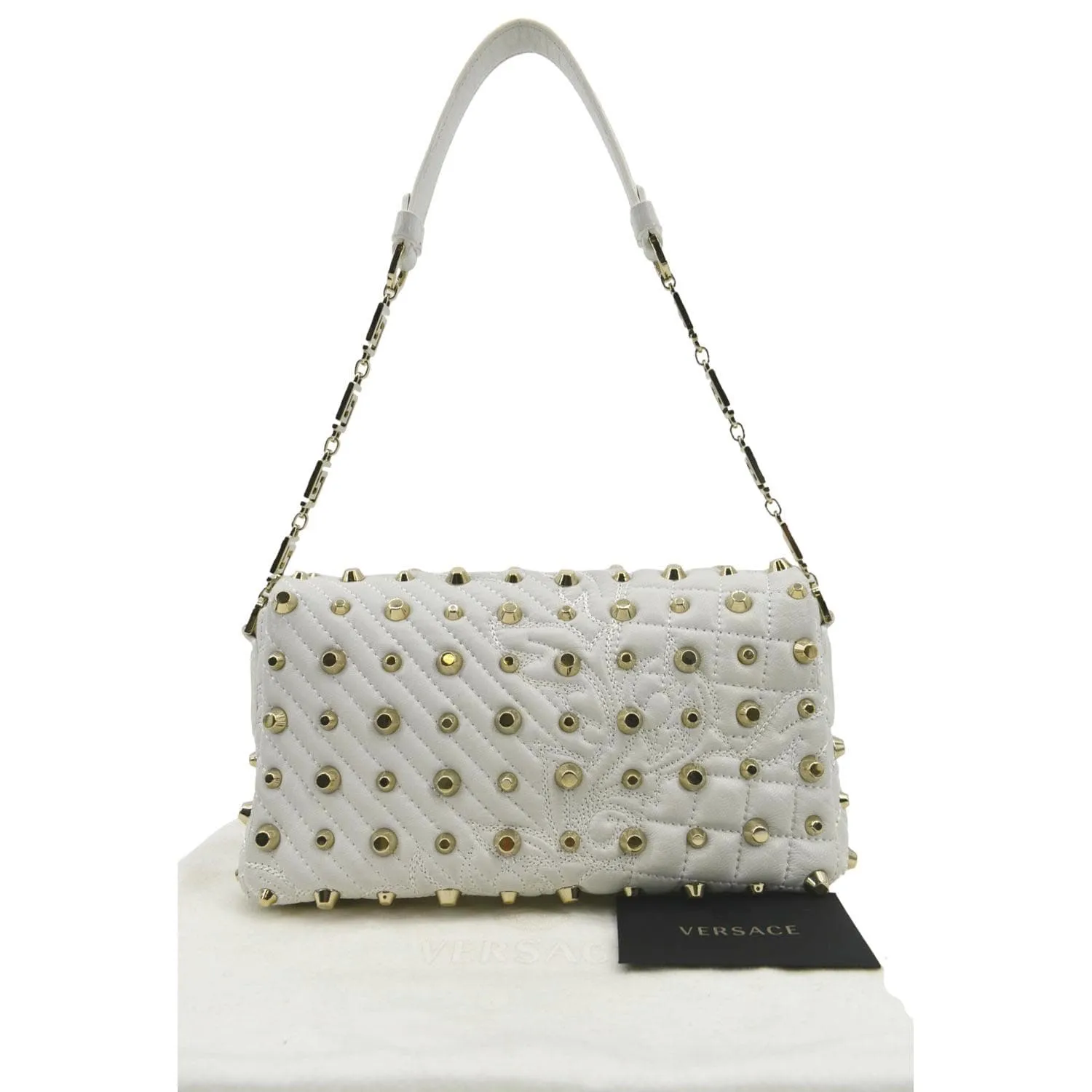 VERSACE Vanitas Medusa Tassel Leather Studded Shoulder Bag White