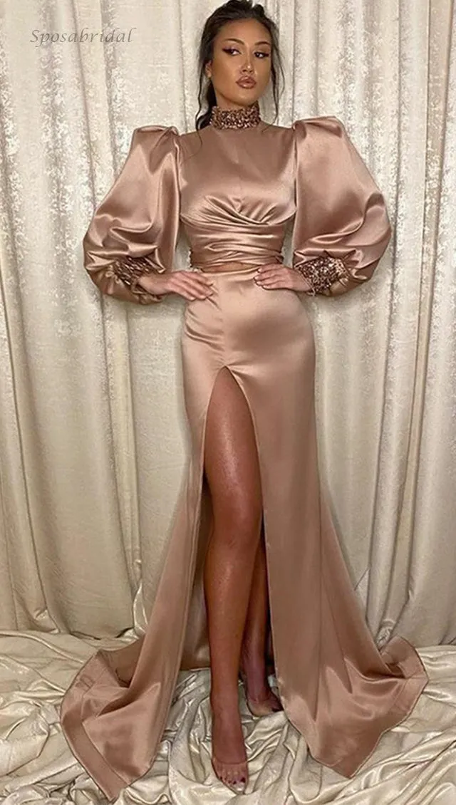 Vintage Mauve Turtle-neck Long-sleeve Side-slit Mermaid Long Prom Dress, PD3357