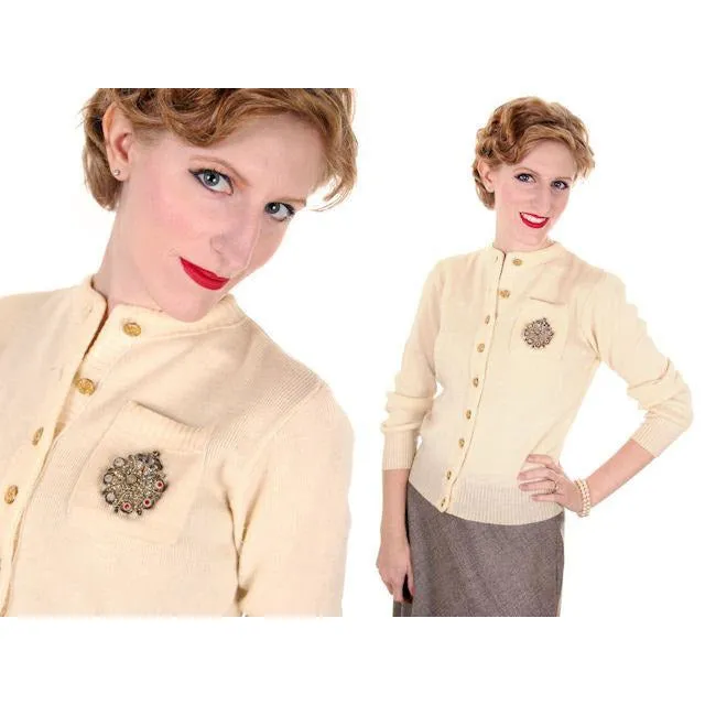 Vintage Sweater Wool Cardigan w/ Embellishment 1950s Small