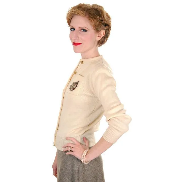Vintage Sweater Wool Cardigan w/ Embellishment 1950s Small