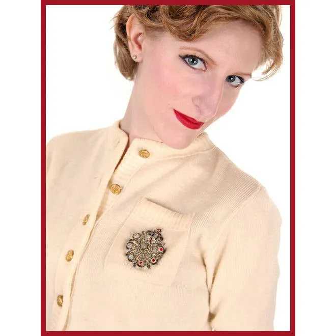 Vintage Sweater Wool Cardigan w/ Embellishment 1950s Small