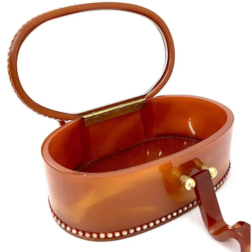 Vintage Wilardy Lucite Box Purse Amber Butterscotch 1950s Rhinestones