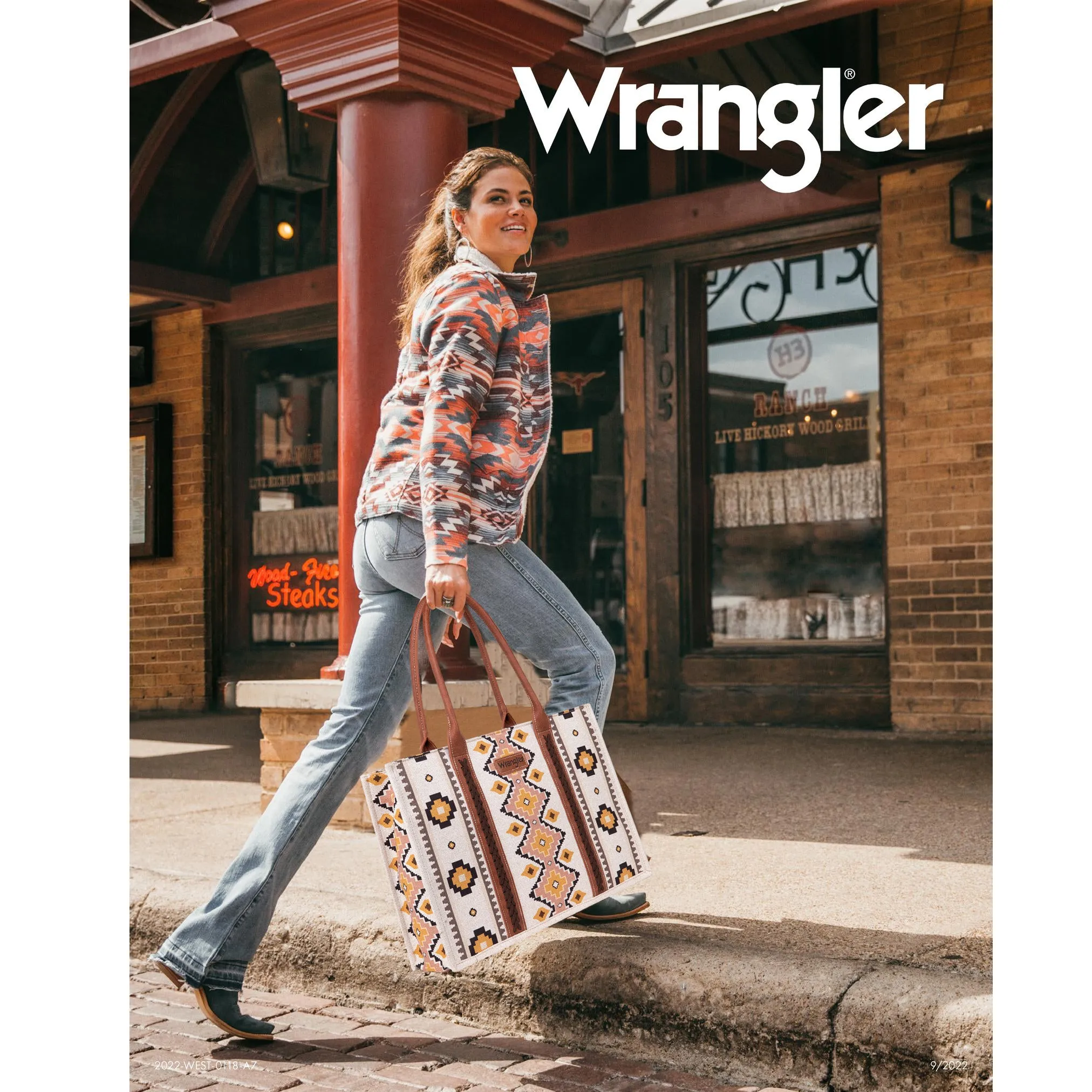 WG2202-8119    Wrangler Southwestern Pattern Dual Sided Print  Canvas Wide Tote - Brown