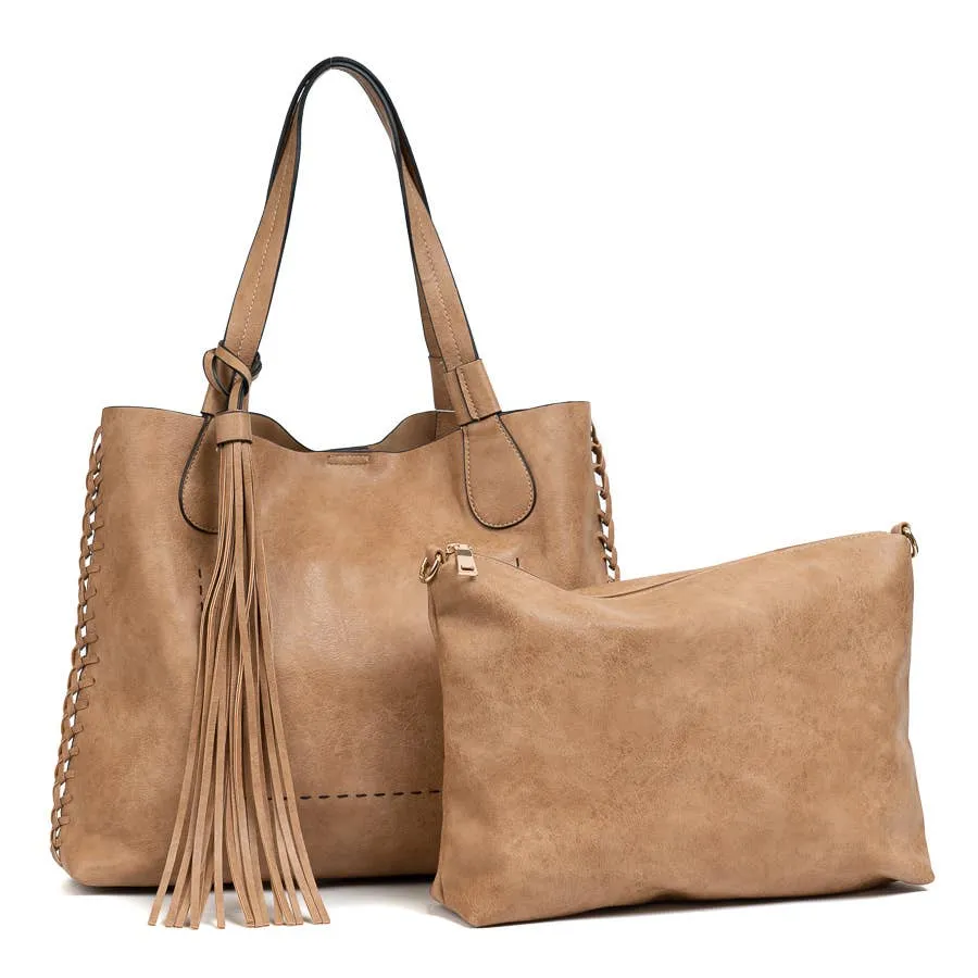 Whipstitch 2 in 1 Tassel Tote- Mocha