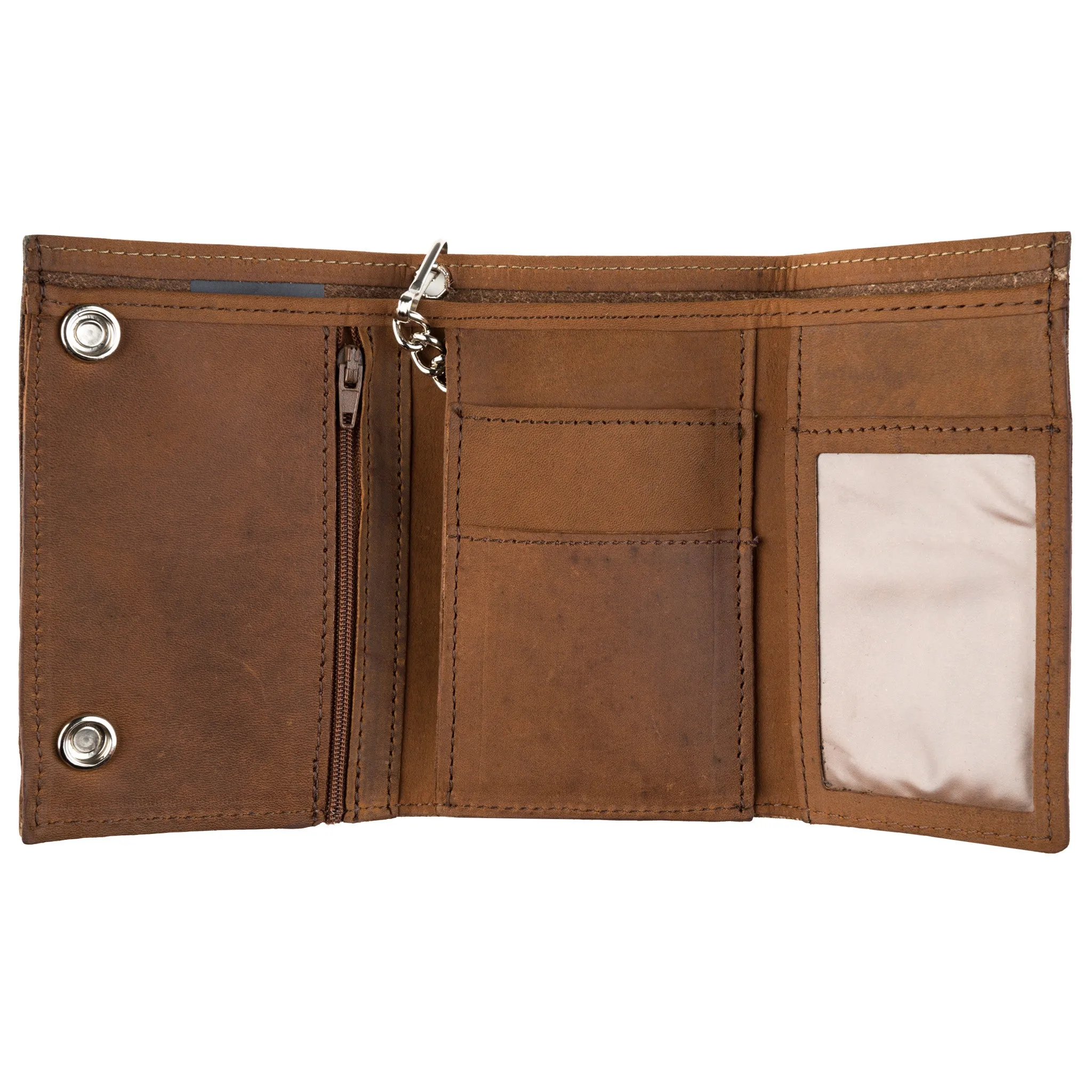 XL Tri-Fold Wallet w/ Chain- Brown w/ Indian Head Nickel snaps
