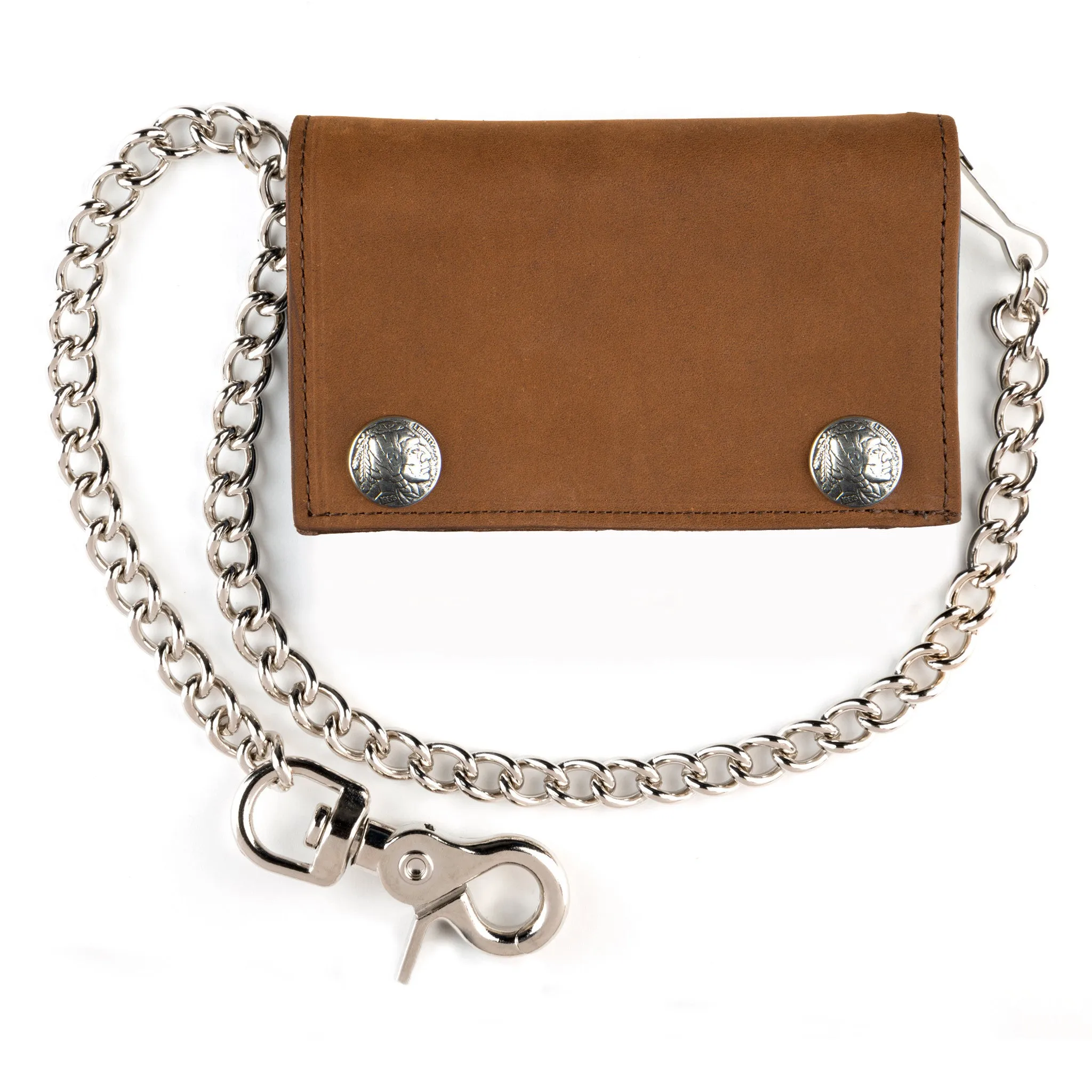 XL Tri-Fold Wallet w/ Chain- Brown w/ Indian Head Nickel snaps