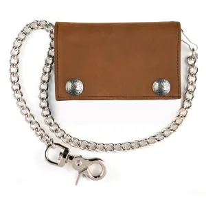 XL Tri-Fold Wallet w/ Chain- Brown w/ Indian Head Nickel snaps